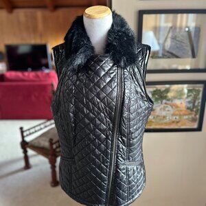 TALBOTS Black Quilted Puffer Faux Fur Collar Biker Style Vest – L